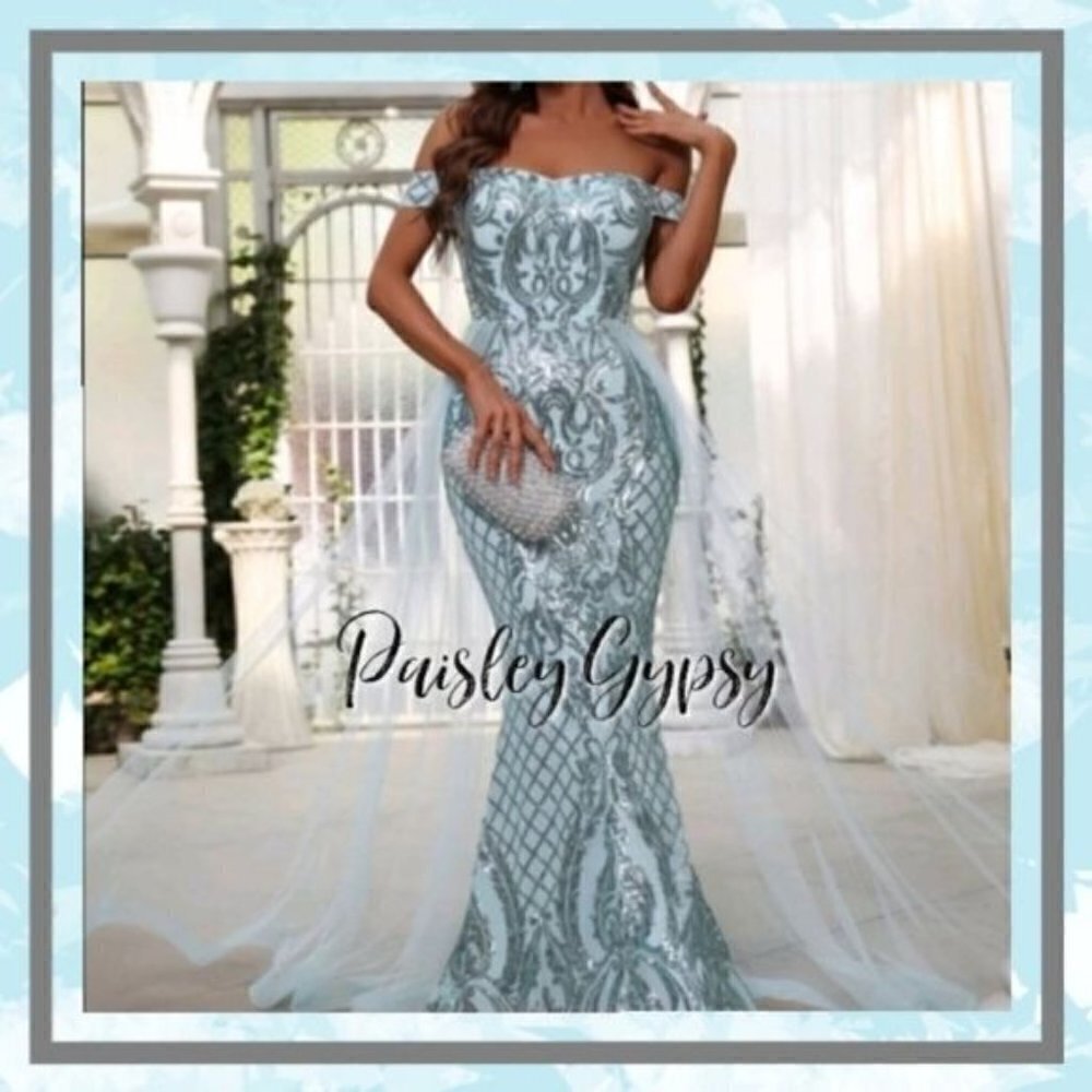 MINT BLUE EMBROIDERED MERMAID PREMIUM QUALITY AND BRAND MAXI DRESS
